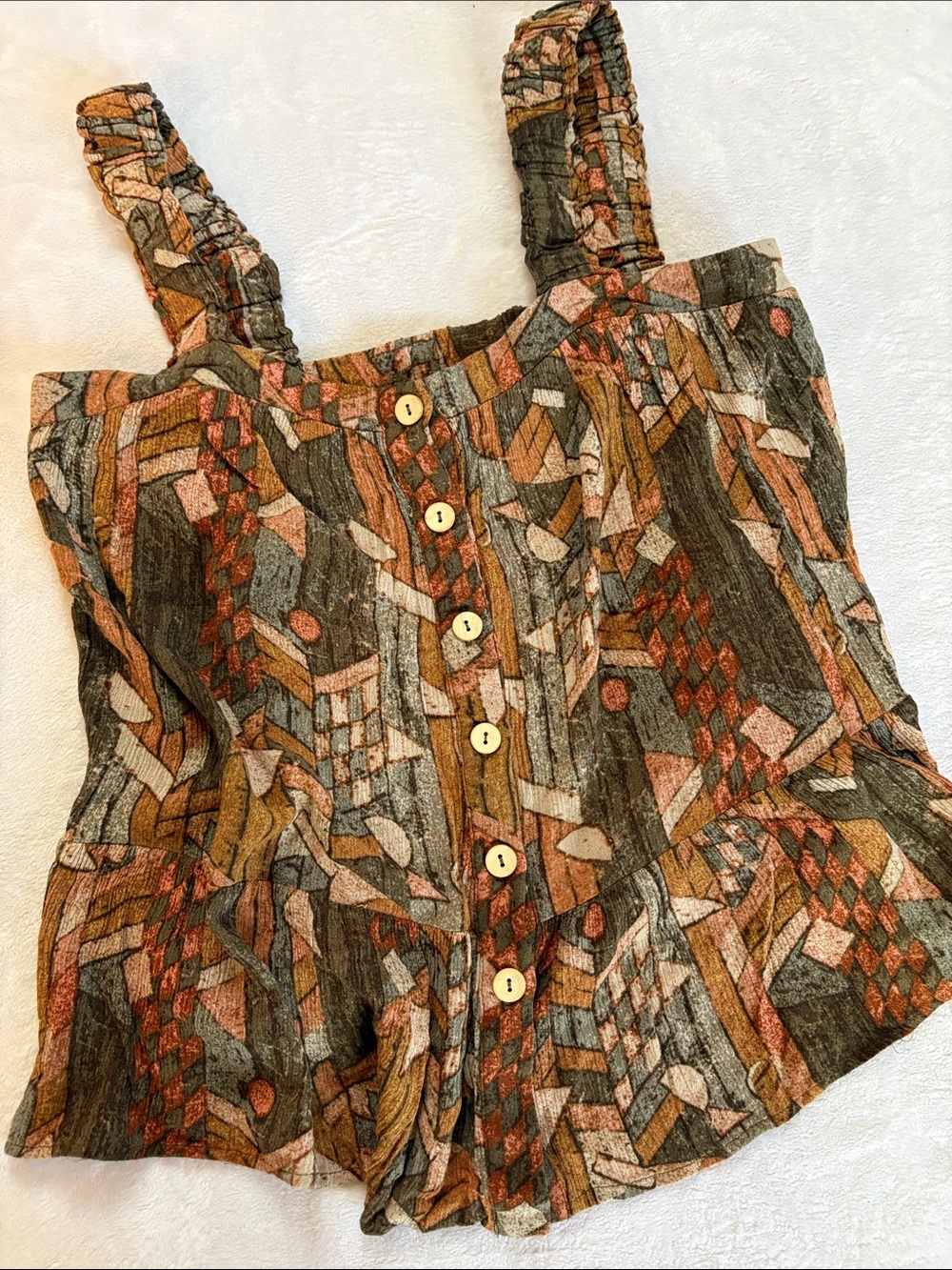 Daytrip Art Deco Graphic Button-Front Tank in Rust, Olive & Cream XS/Sp